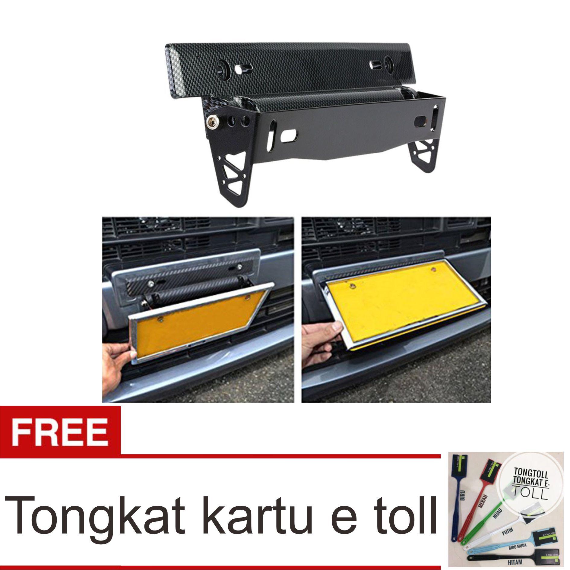 Dudukan/Tatakan Plat Nomor Carbon look Mobil JDM model / Breket / Braket/Bracket - Black + Tongkat Kartu E Toll