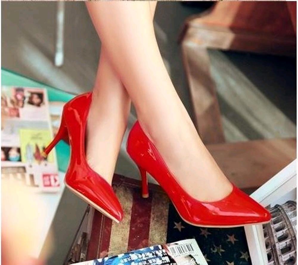 ezell shop Sepatu Kerja Wanita High Heels Pump Glossy Merah Murah