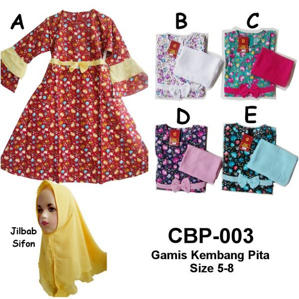 CBP-003 Usia 6, 7, 8, 9 Tahun Gamis Kembang Pita Jilbab Sifon Anak