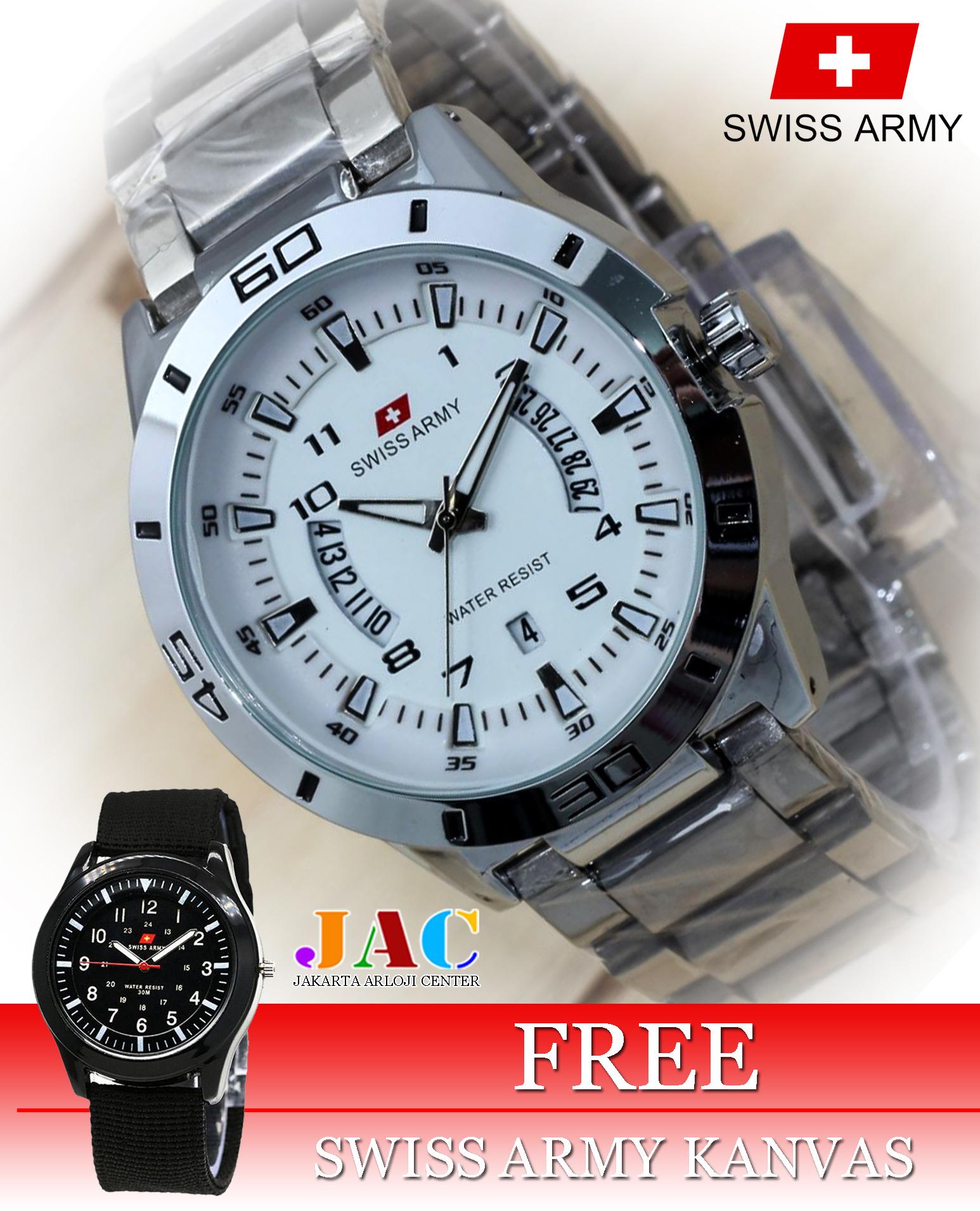 Jam Tangan Swiss Army Pria - Original - Stainless Steel - Tanggal Dan Hari Aktif - Formal Design - Bonus Jam Tangan Kanvas 