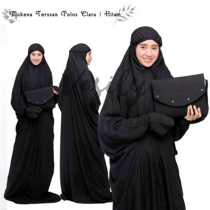 VASILY Mukena Dewasa Bali Terusan / Mukenah Murah Bukan Warna Putih dan Motif Bordir Terusan Katun Jepang / Rukuh Bahan Katun Bukan Parasut / Perlengkapan dan Alat Shalat Murah / Polos Clara Hitam - MVSD106