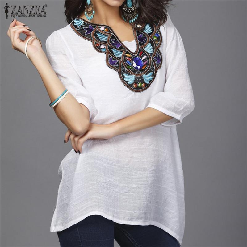 ZANZEA Perempuan V Leher Blus Musim Panas Intan Bordir Wanita 3/4 Model Kemeja Kasual Lengan Baju Panjang And Longgar Puncak Ukuran Better