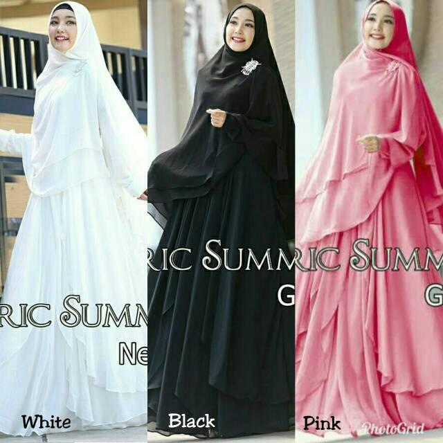 Baju pakaian muslim gamis syar'i warna putih hitam pink motif polos cantik gracella ceruty mewah (putih)