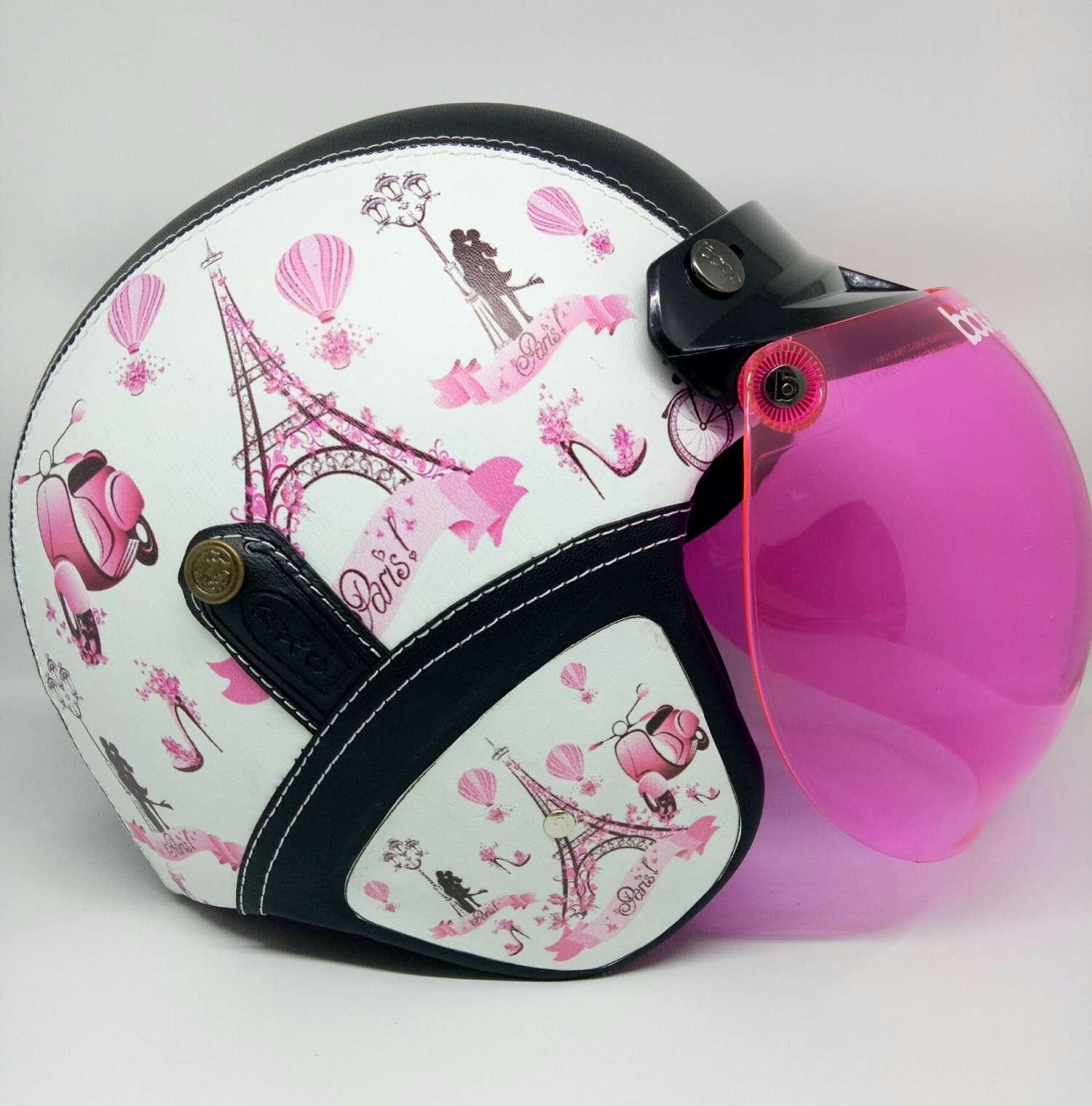 Moe Moe Helm Helm Bogo Retro Kulit Klasik SNI Motif Paris Girl Vespa Kaca Bogo Ori Pink
