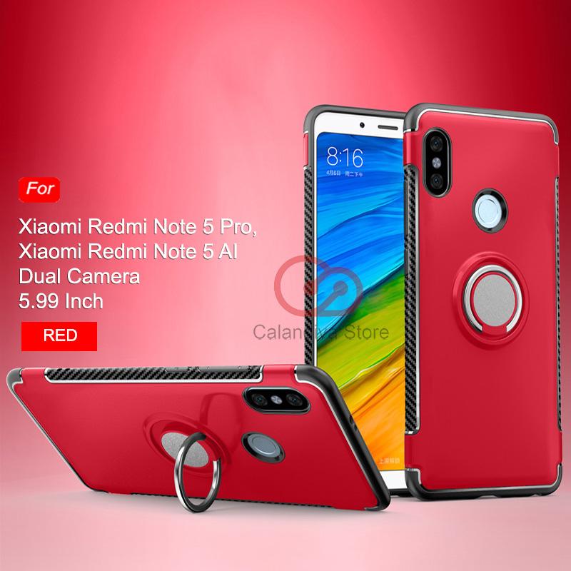 Calandiva Ring Carbon Kickstand Hybrid Premium Quality Grade A Case for Xiaomi Redmi Note 5 , Redmi Note 5 Pro (5.99 Inch) AI DUAL CAMERA (sama ukuran)