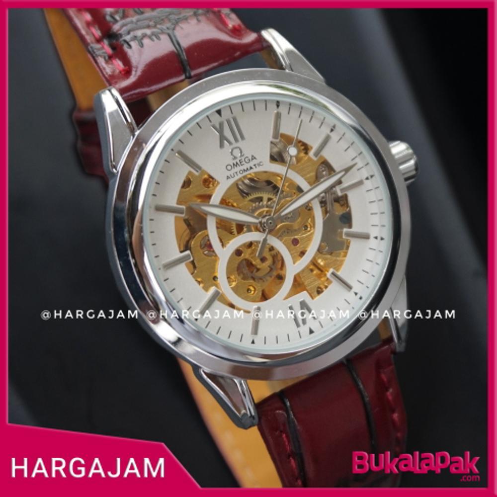 Jam Tangan Automatic Omega Skeleton OS0738 Leather Maroon (Hargajam Harga Jam Matic Otomatis)