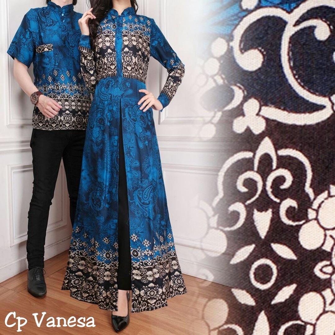Baju Pasangan Pesta / Couple Gamis Vanesa Plus Kemeja Pria Warna Biru