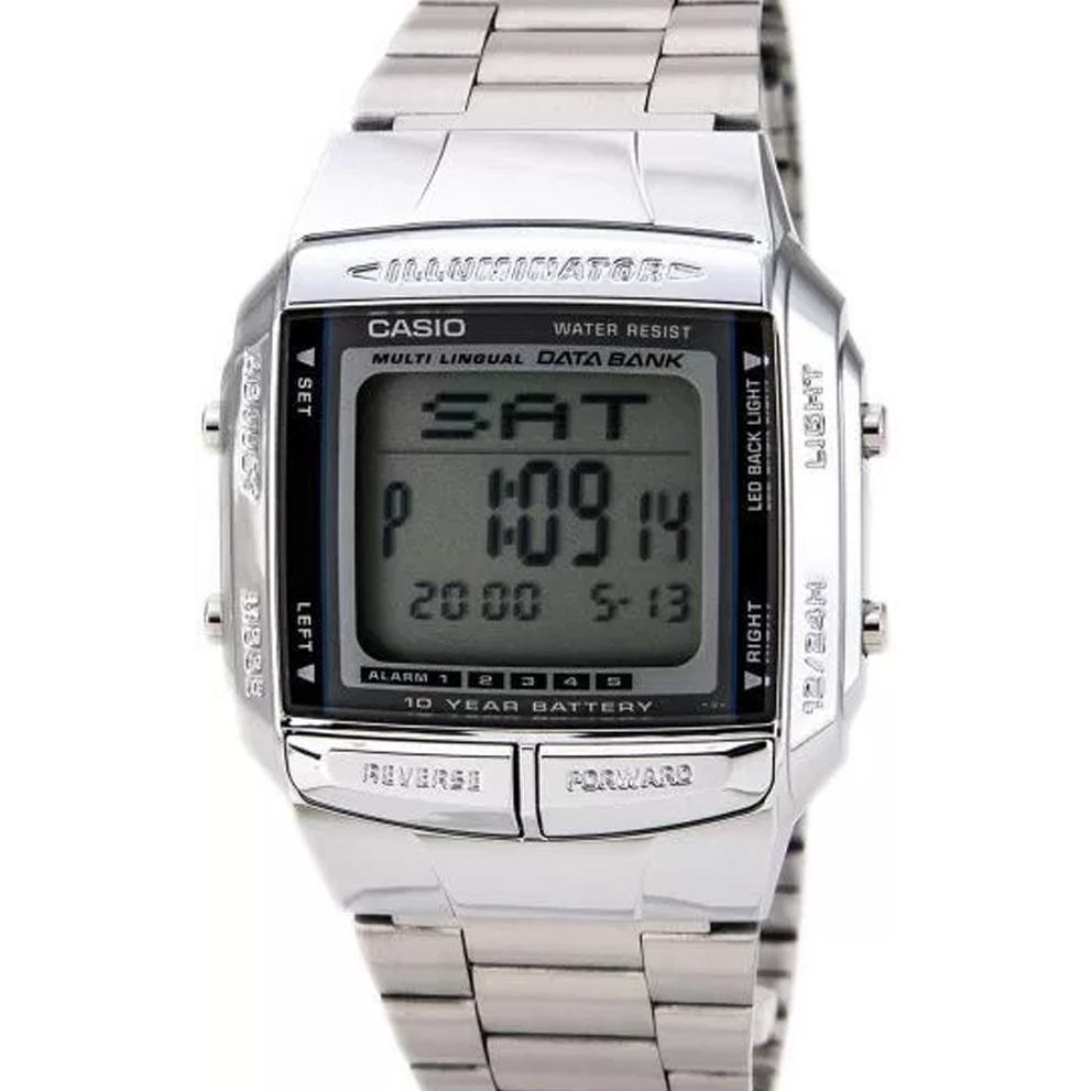 CASIO DB-360-1ADF - Data Bank - Square Shape - Dual Time - Telememo - Jam Tangan Unisex - Bahan Tali Stainless Steel - Silver