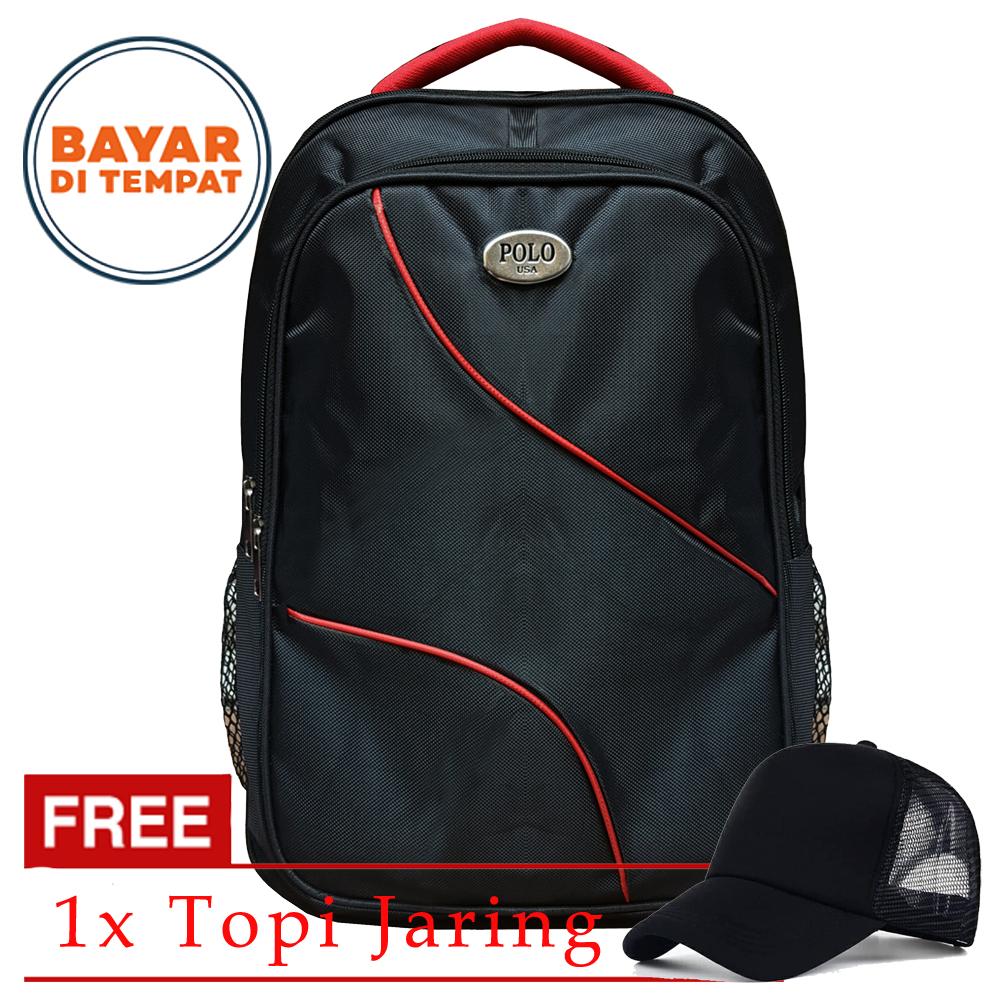 Free Topi Jaring | Polo Backpack TJ-33021 Tas Pria Tas Wanita Tas Ransel Pria Tas Ransel Wanita Tas Polo Tas Ransel Polo Tas Kerja Tas Sekolah Tas Punggung Tas Laptop Tas Gemblok Size 18 Inchi Material Nilon - Black + Raincover