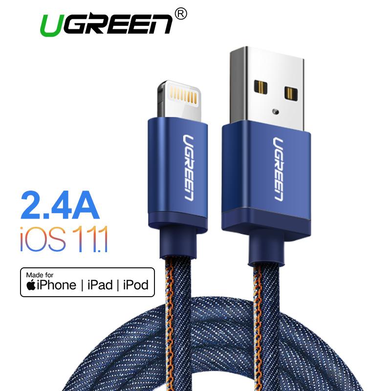 UGREEN Original 100cm Lightning Cable MFI for Apple iPhone 7/7 Plus iPhone 6/5S/6S iPad iPod Fast Charging Denim Braided Data Sync Cable Blue