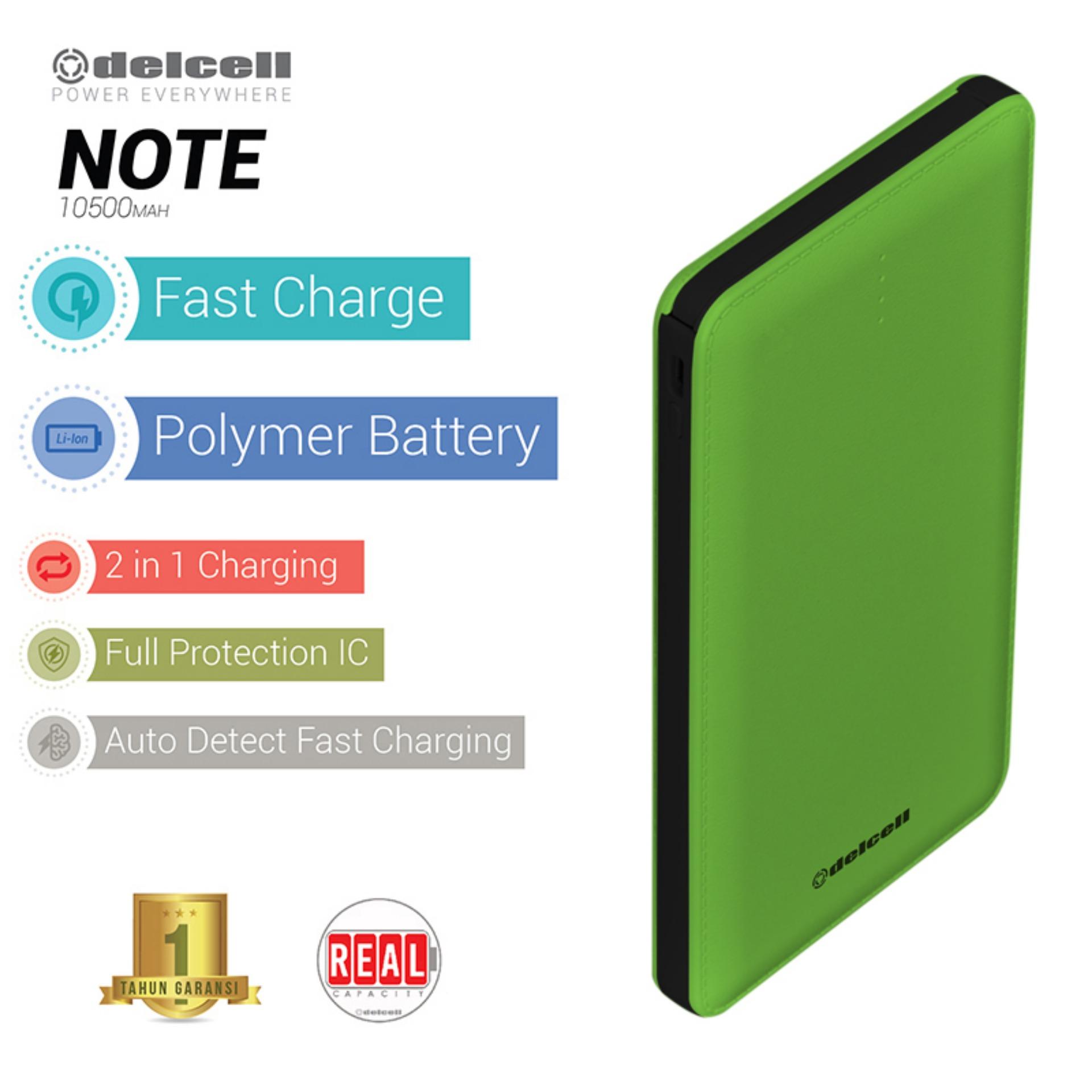 Delcell 10500mAh Powerbank NOTE Real Capacity Slim Powerbank Polymer Battery Build in Cable Fast Charging Garansi Resmi 1 Tahun Power Bank Murah Berkualitas - Hijau