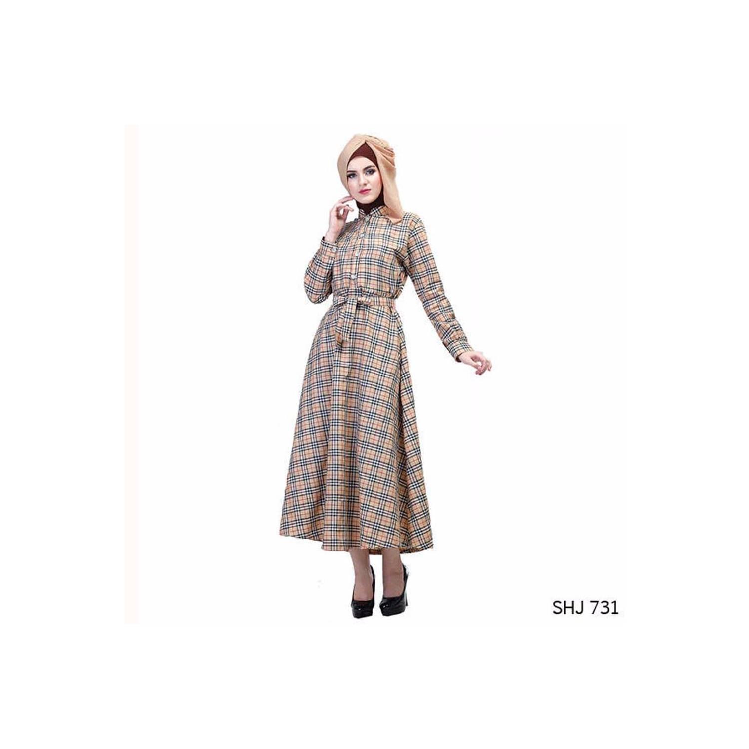 baru Baju Gamis Motif Kotak Bahan Katun Coklat