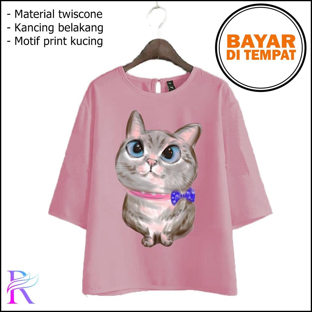 Rimas Fashion Baju Blouse Kaos New Colour Atasan Murah Lengan 3/4 Wanita Cewek Kekinian Motif Kucing Modern Perempuan Simple Trendy Hits