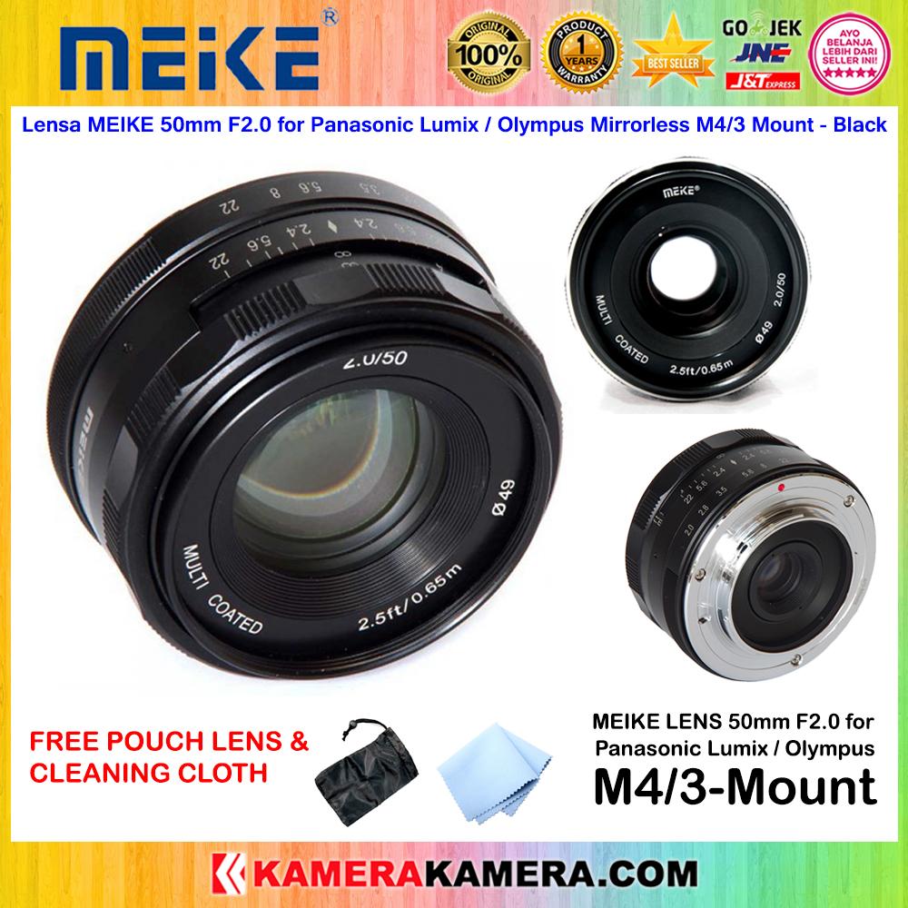 Lensa MEIKE 50mm F2.0 for Panasonic Lumix / Olympus Mirrorless M4/3 Mount Original free Lens Pouch + Cleaning Cloth