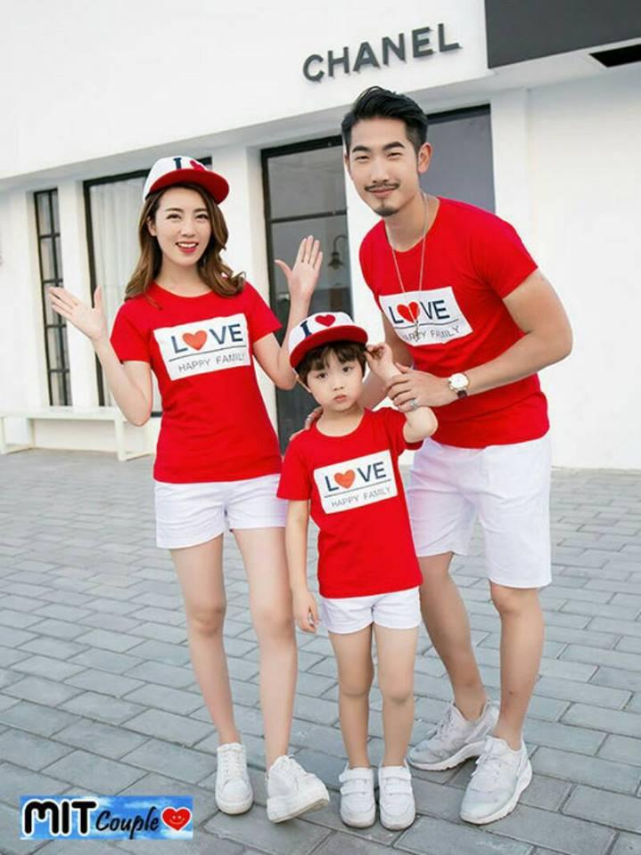 FASHIONFLOWER-BAJU KELUARGA FAMILY COUPLE HAPPY LOVE 1 ANAK-MERAH (AYAH,IBU,ANAK) KAOS FAMILY / FAMILY COUPLE / FASHION FAMILY / BAJU KEMBARAN