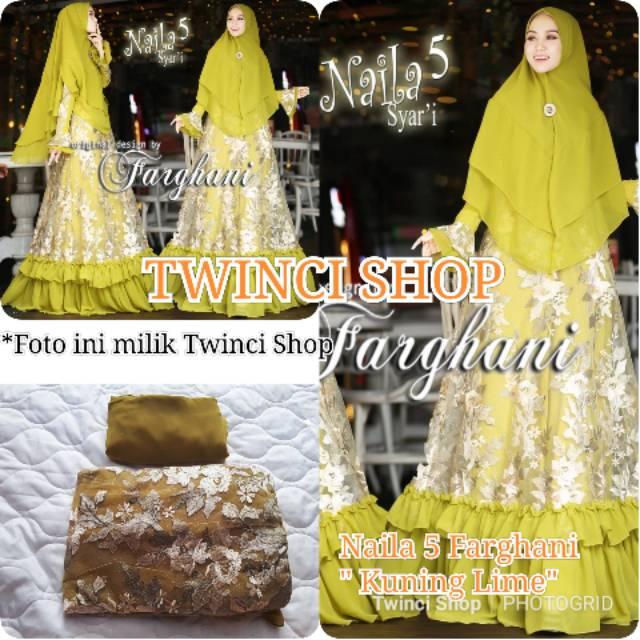 KUNING LIME!! Naila 5 by Farghani ORI Gamis Syari Premium Pesta (Kuning Lime)