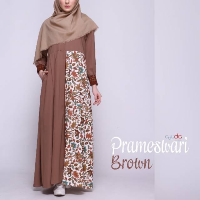 PRAMESWARI BROWN AYUDIA GAMIS KOMBINASI POLOS BATIK YORIS MEWAH CANTIK ELEGAN ADEM (L)