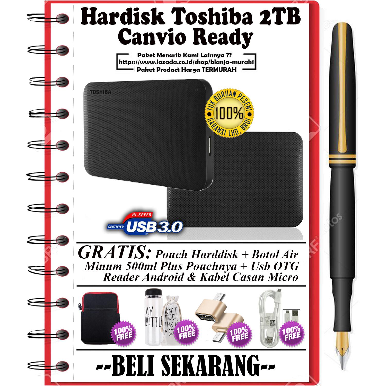 Toshiba Canvio Ready 2TB - HDD / HD / Hardisk Eksternal - Black GRATIS Pouch Harddisk + Botol Air Minum 500ml Plus Sarung Botol + Kabel Casan Android & Usb OTG Reader