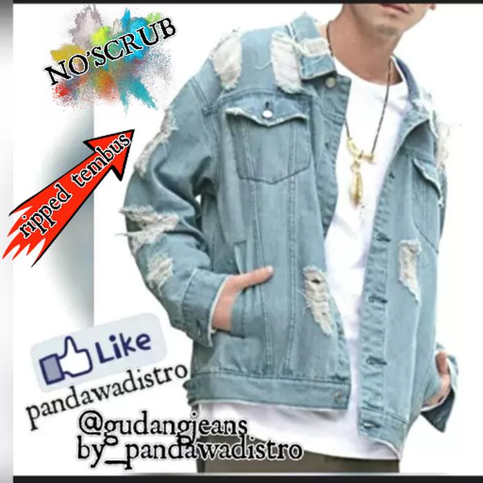 Best Seller!! Jaket Levis Jaket Jeans Jaket Sobek Jaket Pria Wanita - Biru Muda, L - ready stock