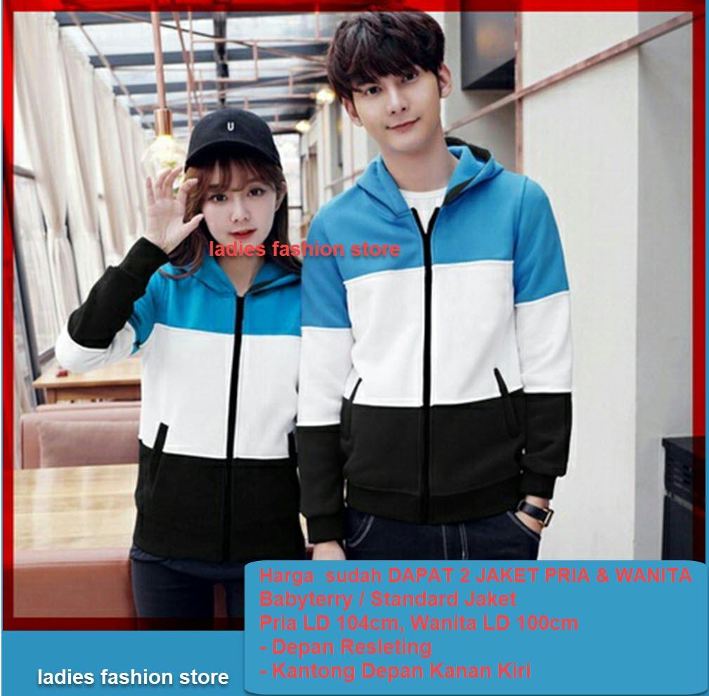 Jaket Pasangan Pria dan Wanita Kembar / Jacket Couple Man Woman / New Couple Jacket / Jaket Sepasang Terbaru / Jaket Couple Murah Bahan Bagus / Jaket Tebal / Jaket Pria / Jaket Wanita / Jaket Korean Style / Jaket Polos Simple (Toniaes) LC - BIRU PUTIH
