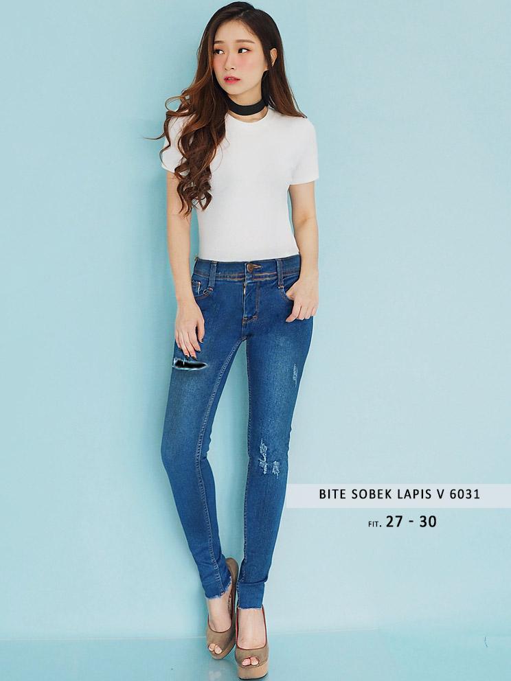 Celana Skinny Jeans Ripped Wanita - Kombinasi Sobek