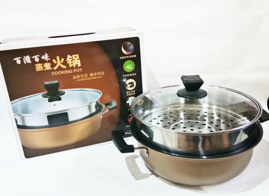 Leoshop888 Steamer Panci Teflon Kukus Pot 2 susun Plus Tutup Kaca 28Cm