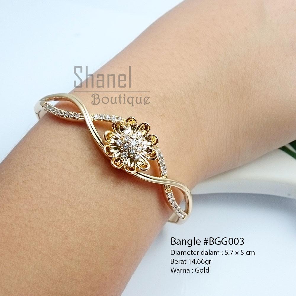 shanel jewelry perhiasan wanita lapis emas 18k gelang tangan kaku bangle xuping bgg03 pesta berlian diamond titanium perak silver gold flower bunga remaja jual cincin kalung liontin gelang rantai tali diamond