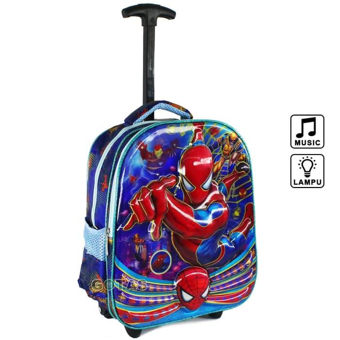 Tas Roda Troli Marvel Spiderman 7D 2K Biru Lampu Music Trolley Anak TK