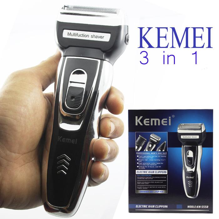 Cukuran Rambut 3 Fungsi Paling Mantap Kemei KM-5558 Body Crome Alat Cukur Rambut Charger