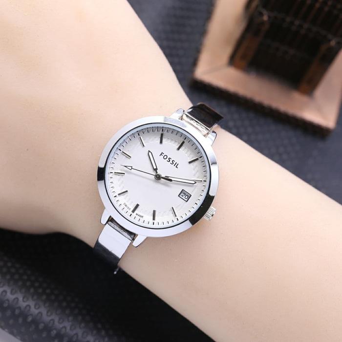 Jam Tangan Wanita / Cewek Murah Fossil Glossy Rantai Silver White| AMO Store