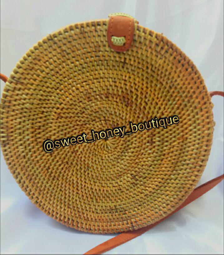 Tas Rotan Ate Bulat Coklat Natural Rattan Bag Natural Diameter 20cm