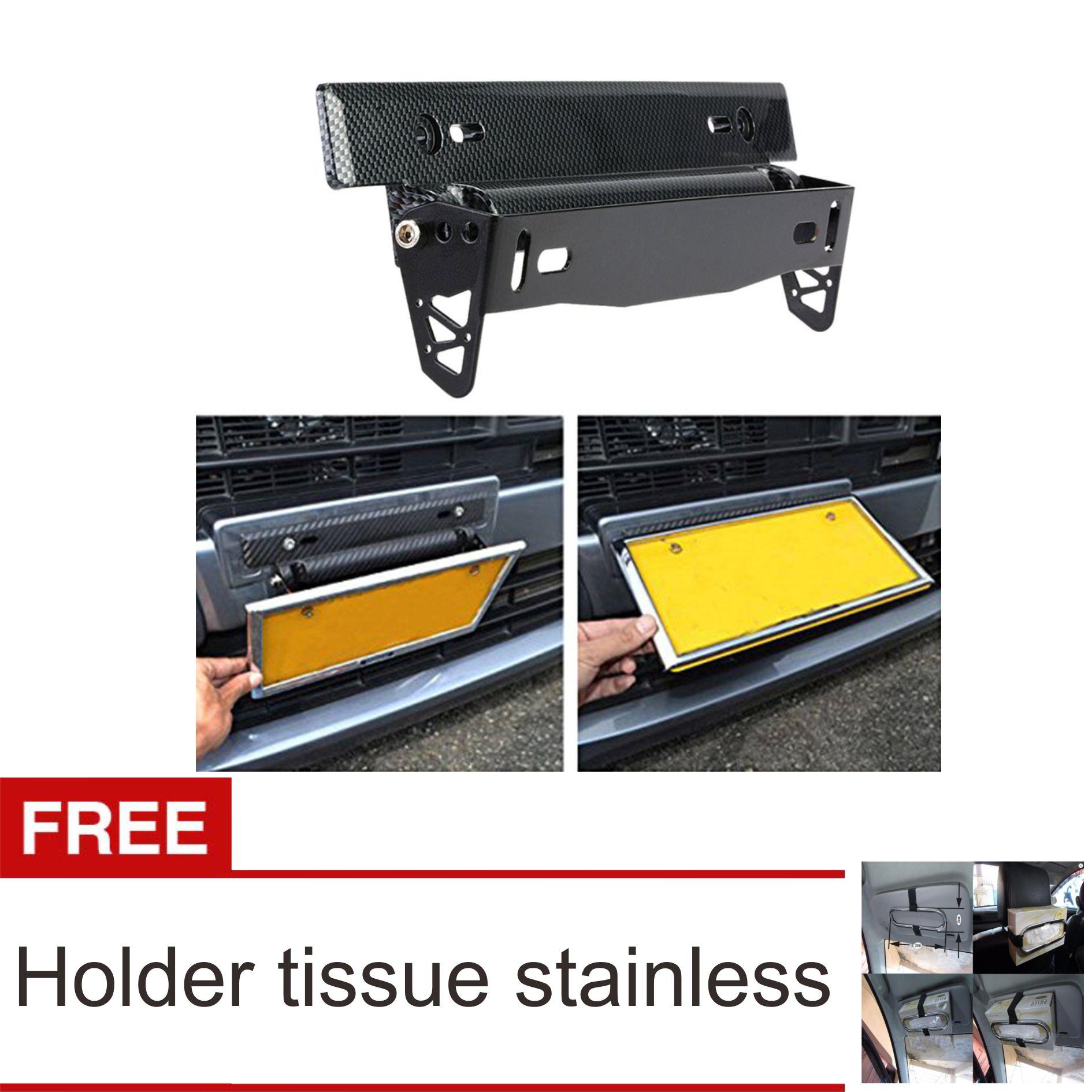 Dudukan/Tatakan Plat Nomor Carbon look Mobil JDM model / Breket / Braket/Bracket - Black + Holder Tissue Stainless