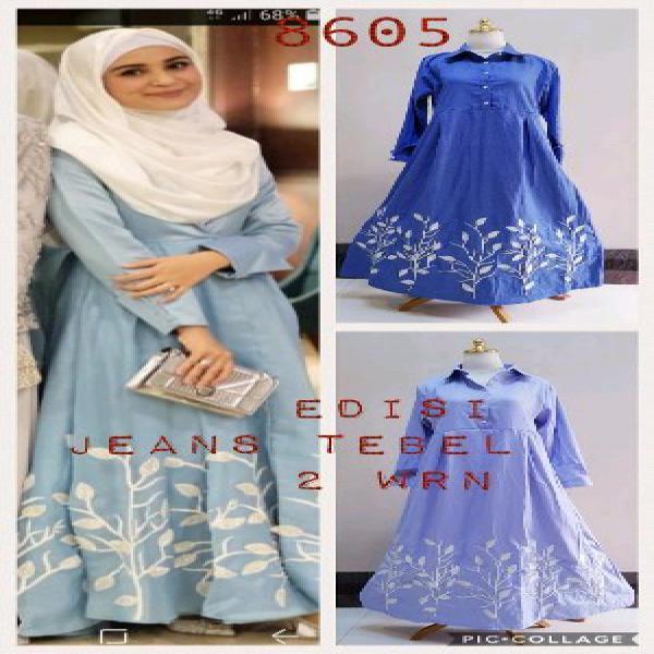 gamis shireen bordir daun bahan semi jeans adem jual baju muslim termurah reseller welcome