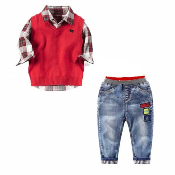 Import Setelan Kemeja Kotak Merah Rompi Merah Celana Jeans