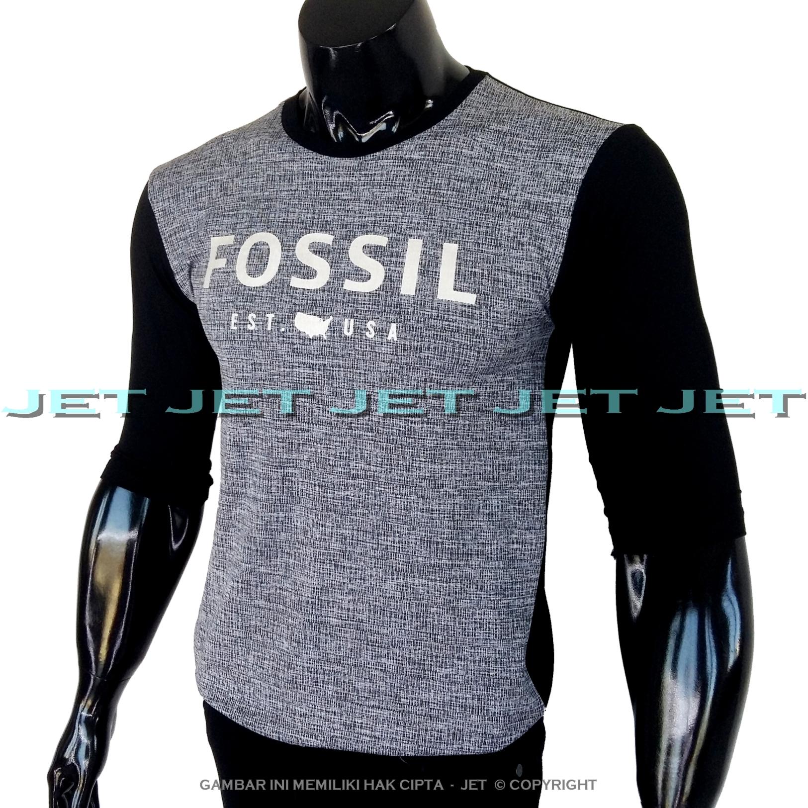 JET - Kaos Distro FOSSIL Lengan 3/4 Panjang Soft Rayon Viscose Blended Lycra Size M Fit To L Pria / Wanita Garis Salur Motif Visual Art