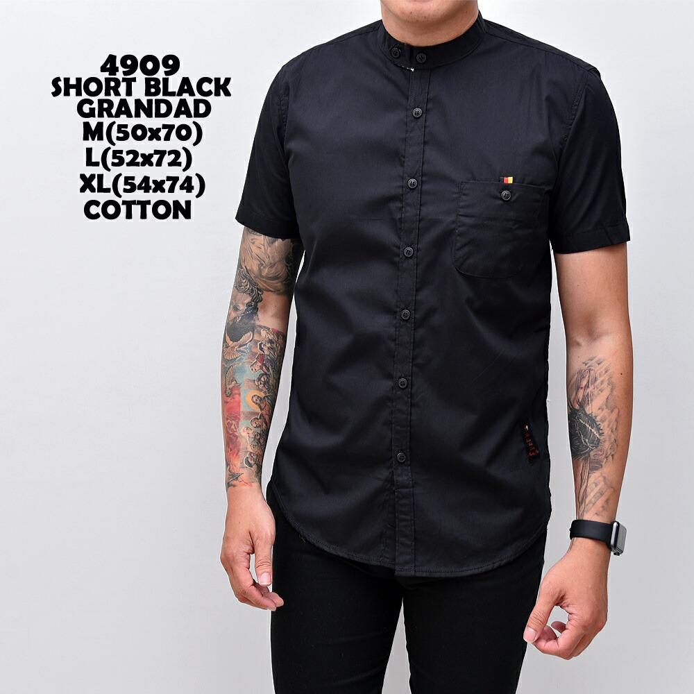 Kemeja Polos Kemeja Pendek Kemeja Flanel Kemeja Fashion Kemeja Kantor Kemeja Kerja Kemeja Panjang Kemeja Kasual Pria - Short Black Grandad 4909 Cotton - Kemeja Pria Lengan Pendek