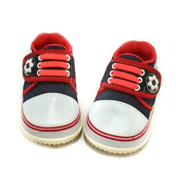 DISKON Sepatu bayi laki sporty bola jeans list merah bunyi tidak licin TERMURAH