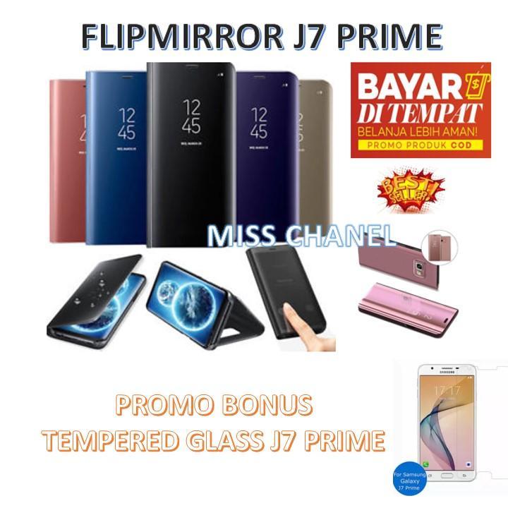 Case Executive Chanel Samsung Galaxy J7 Prime Flipcase Flip Mirror Cover S View Transparan Auto Lock Casing Hp With standing - random color Free Candy original Tempered Glass