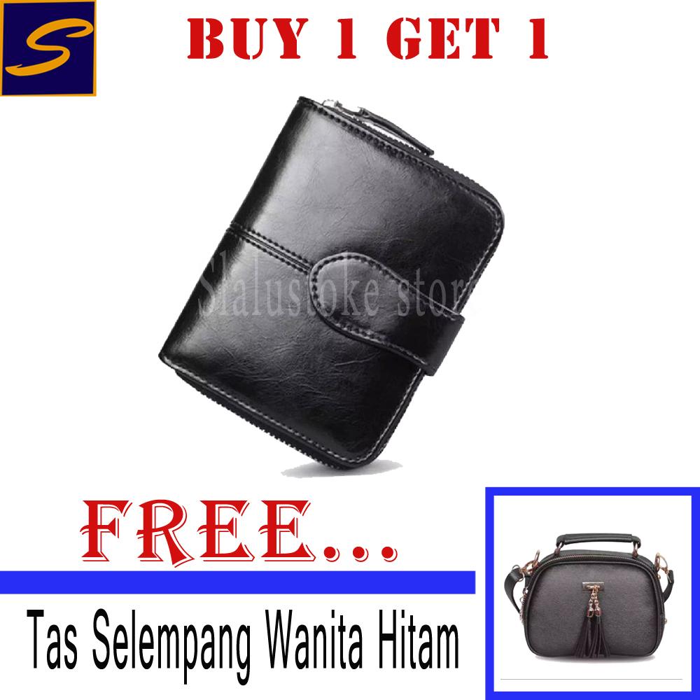 Dompet Mini Wanita Dompet Pendek Casual Kulit Asli warna Solid beritsleting wadah kartu + FREE Tas selempang Wanita Hitam ( DKI Jakarta )