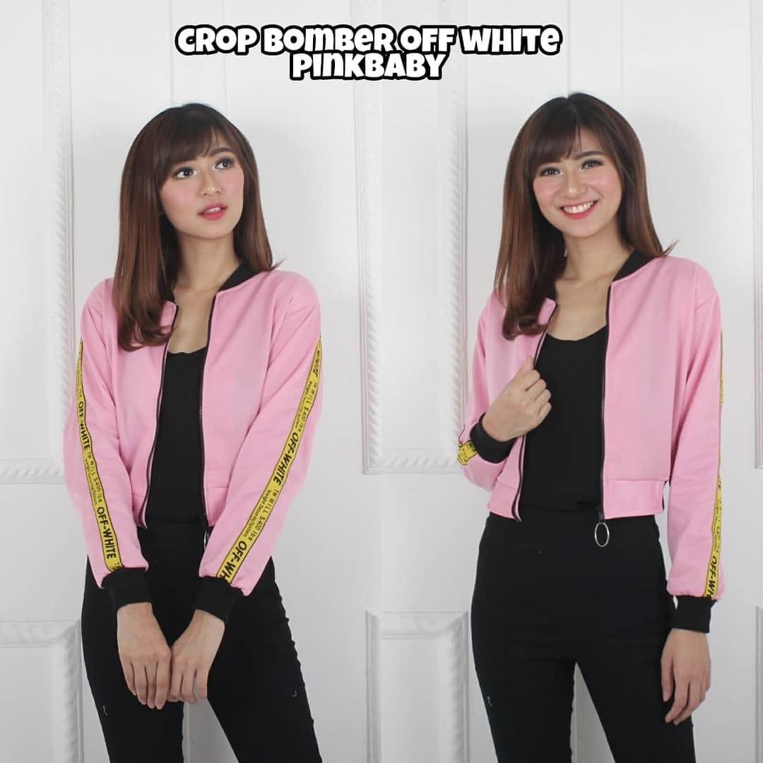 BOMBER OFF WHITE CROP - FASHION BOMBER WANITA - JAKET BOMBER WANITA