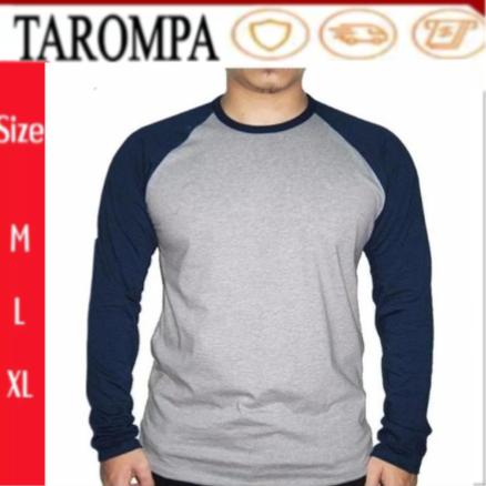 Kaos raglan Pria/Wanita lengan panjang Terbaru- Murah T-Shirt Tarompa Badan abu Lengan Biru Navy