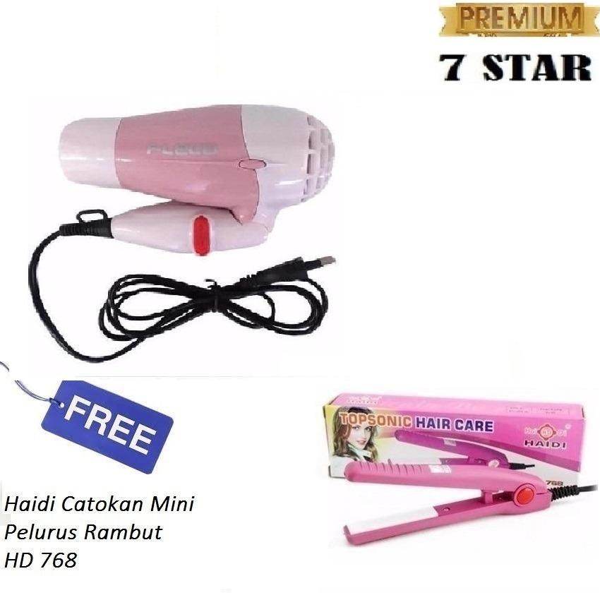 PAKET HEMAT 7STAR - Hair Dryer Lipat Mini Fleco Mermaid Pengering Rambut + Gratis Haidi Catokan Mini Pelurus Rambut Pink