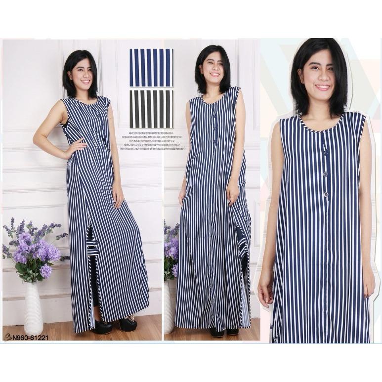 Oma Holley Fashion Maxi Dress Garis-garis Tanpa Lengan Kancing Garis Bawah - Size M