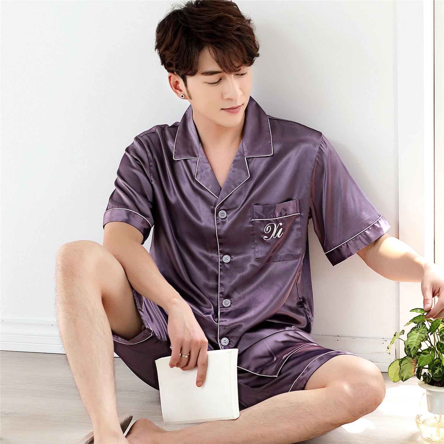 Musim panas sutra asli piyama pria sutra model tipis kardigan lengan pendek Pria Musim Semi dan Musim Gugur Baju rumah ukuran besar Sutra Es celana pendek Set