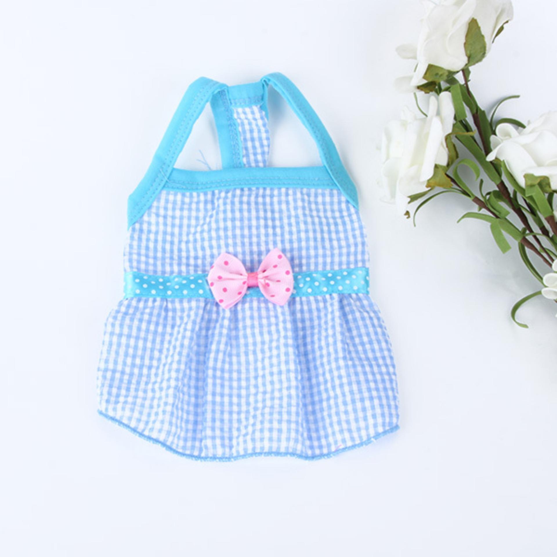 Unipet - Baju Anjing Kucing Dress Gaun Rok Pita Pet Dog Dresses Puppy Summer Princess Sleeveless Bow Lattice Dress Apparel Clothing Size M - Biru