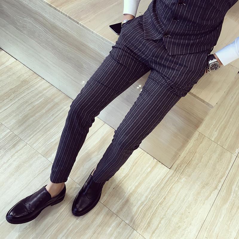 Pria Kotak-kotak Ramping Lengan Panjang Lengan Bergaris Bagian Tipis Celana Cargo Celana Formal (TZ54 Warna Hitam)