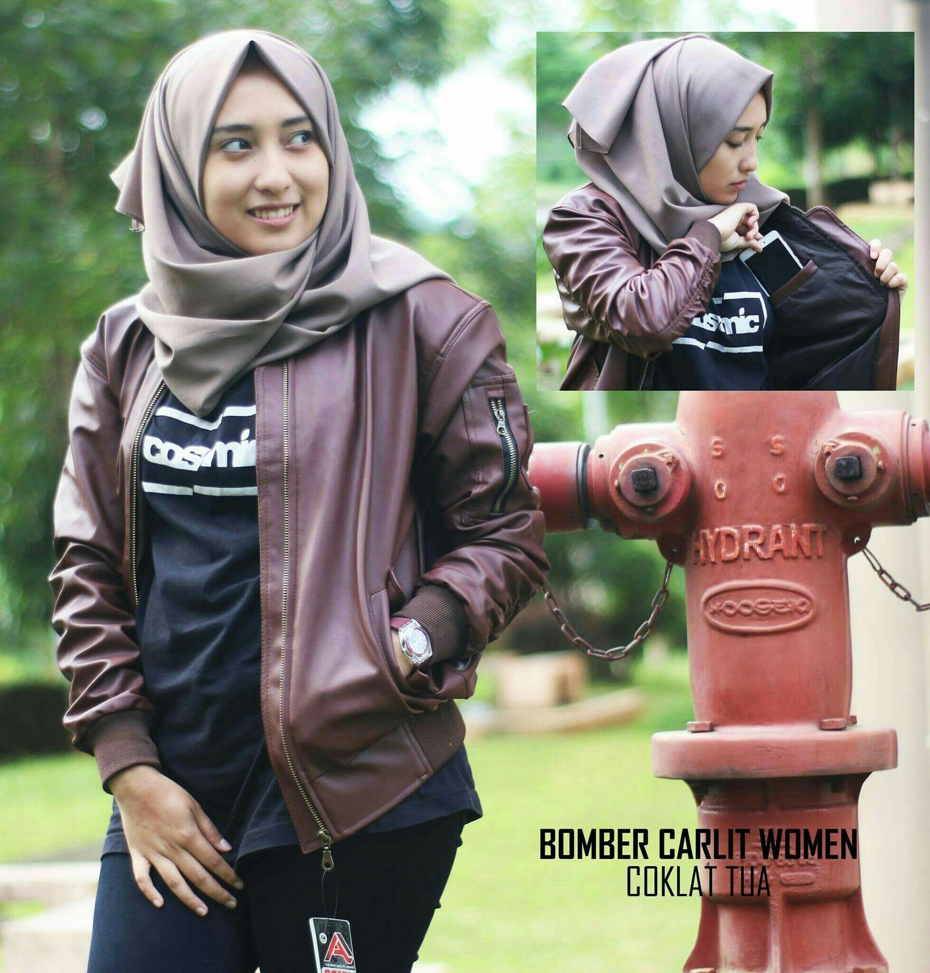 Jaket wanita - Bomber - Kulit / Bahan Carlit Waterproof- Premium Quality - Murah - Sporty for Woman - Hitam - Crem - Merah