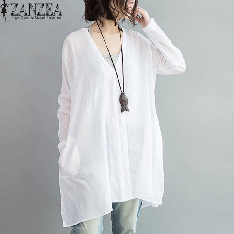 ZANZEA Wanita Terlalu Besar Cotton Linen Tombol V Blusas Leher Lengan Panjang Tidak Teratur Split Musim Gugur Fashion Blus Tops Shirt (Putih) -Intl