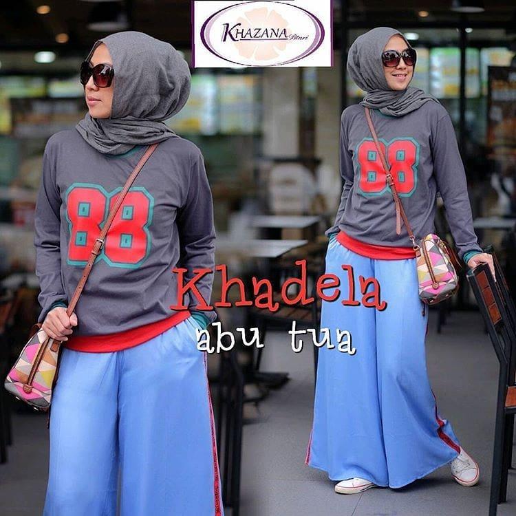 Baju Original Setelan Khadela Set 2in1 Kaos Combad Baju Wanita Hijab Trendy Celana Kulot+ Baju Atasan Panjang Setelan Kekinian Jumpsuit Pesta Muslim Modern Modis Casual Trendy Terbaru