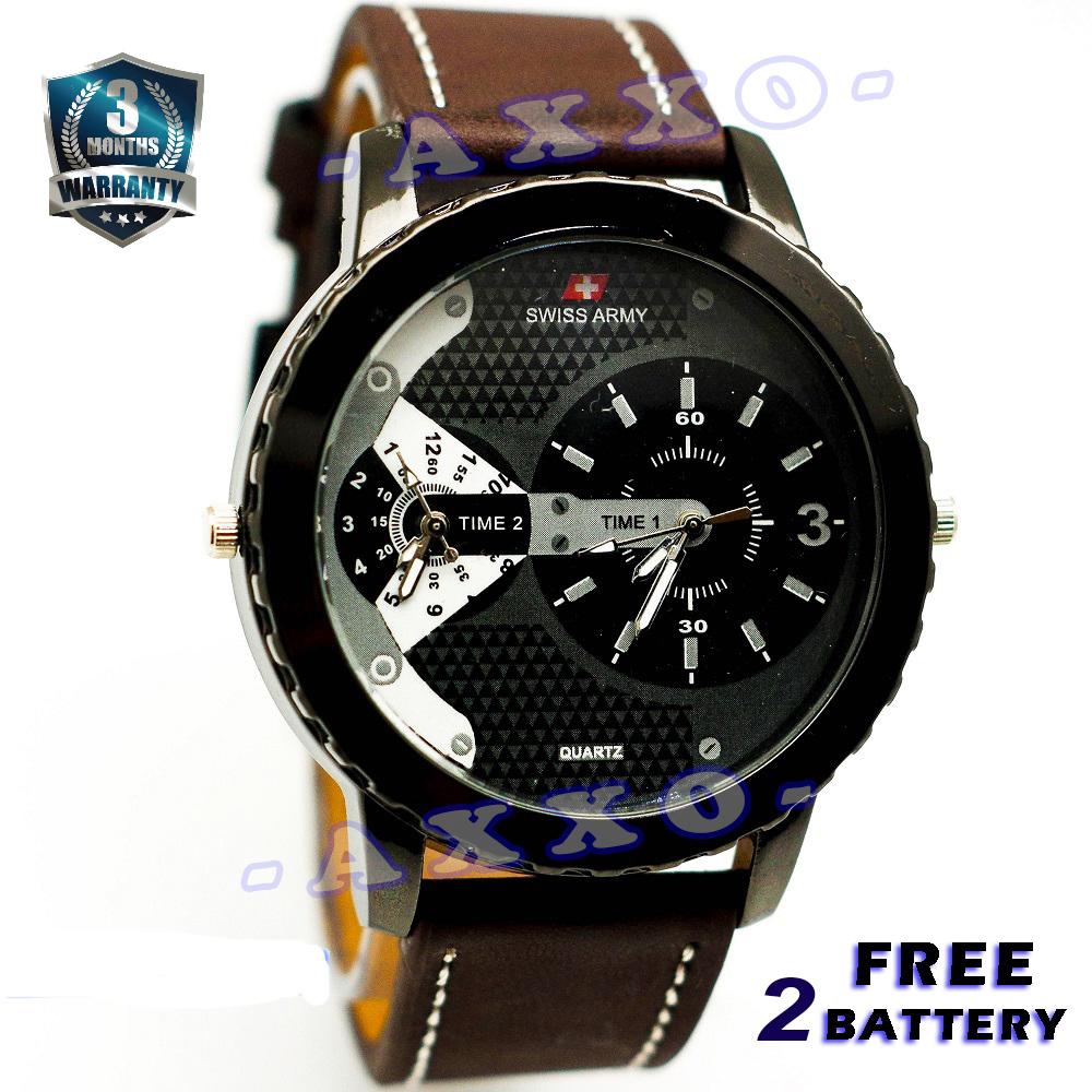 Swiss Army Dual Time - Jam Tangan Pria - Strap Kulit - Coklat Tua Variasi Putih - SA 0047
